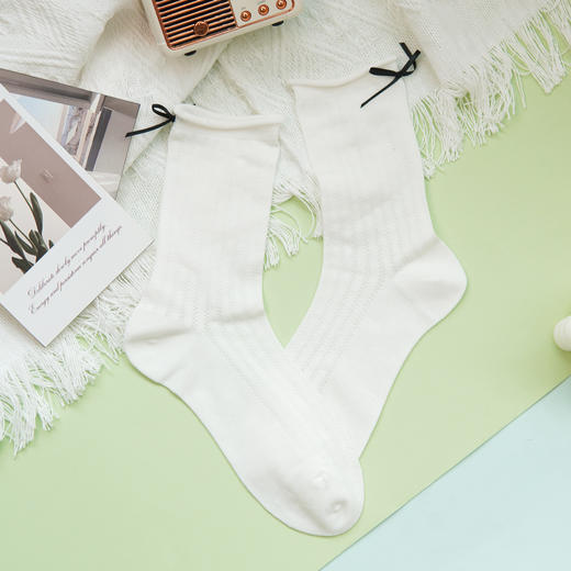 【59元3双】女士时尚卷边中长筒薄袜蝴蝶结女袜【2612503】 商品图2