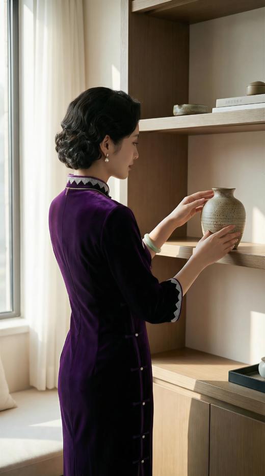 立领撞色花边珍珠挂件改良旗袍 商品图3