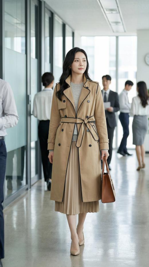 立领撞色后背弧形搭片单层风衣（附腰带） 商品图1