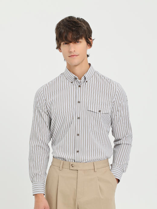 callisto卡其条纹微泡弹力混纺休闲长袖衬衫 商品图2