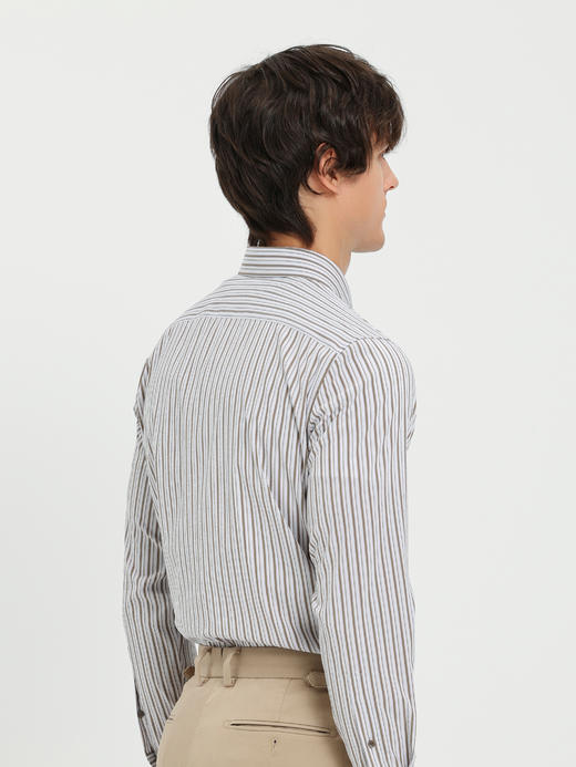 callisto卡其条纹微泡弹力混纺休闲长袖衬衫 商品图4