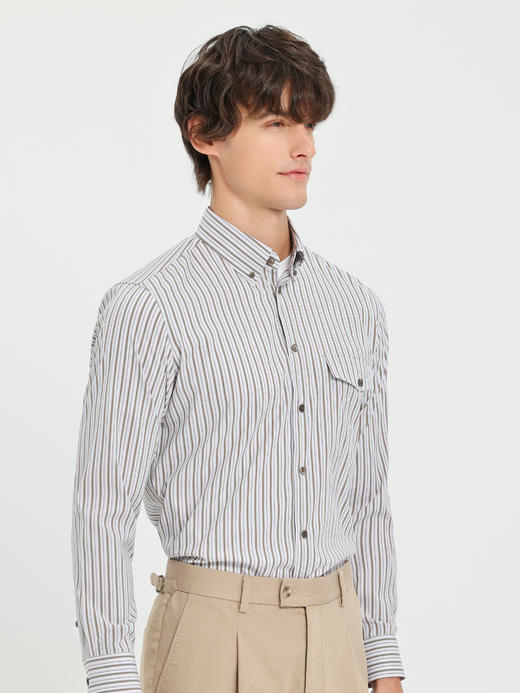 callisto卡其条纹微泡弹力混纺休闲长袖衬衫 商品图3