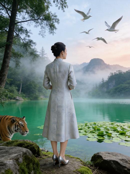 伯妮斯茵 | 复古国风 银灰色连衣裙 立领盘扣七分袖 提花面料  日常通勤轻社交  —  SC1S01 商品图2