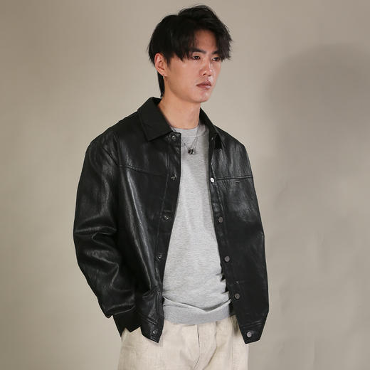 DRONKOO 2026  翻领左金属标口袋双层仿真皮修身中厚皮衣 商品图1