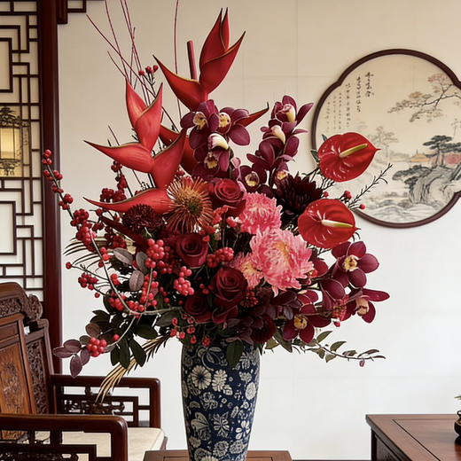 《祥瑞》富贵鸟红掌冬青大花蕙兰牡丹菊花团纹青花瓷花瓶 商品图3