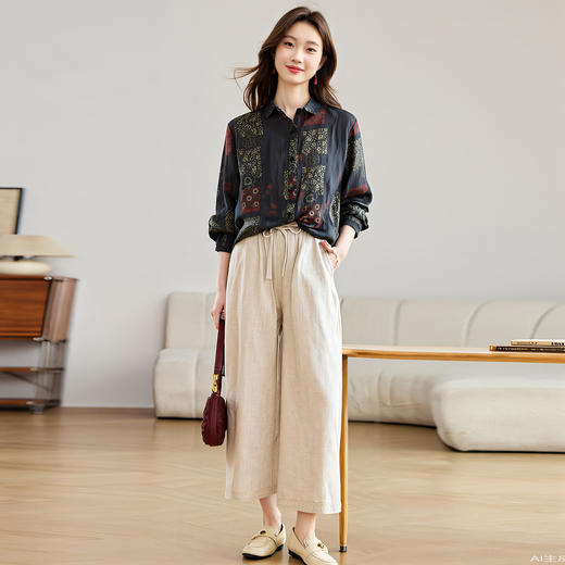 丁摩 棉麻两件套女2026春季新款洋气减龄宽松翻领开衫阔腿裤时尚套装6ZF-1109 商品图3