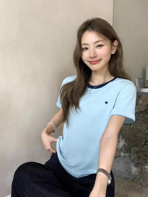 韩系 银河细闪爱心撞色短袖T恤 商品图0