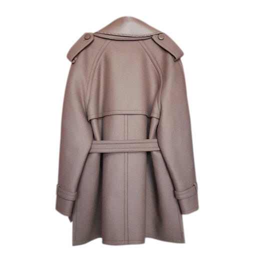 【95新】FENDI芬迪FF8838棕色拼皮革中长款双排扣羊毛大衣外套42码120226JJ03 商品图1