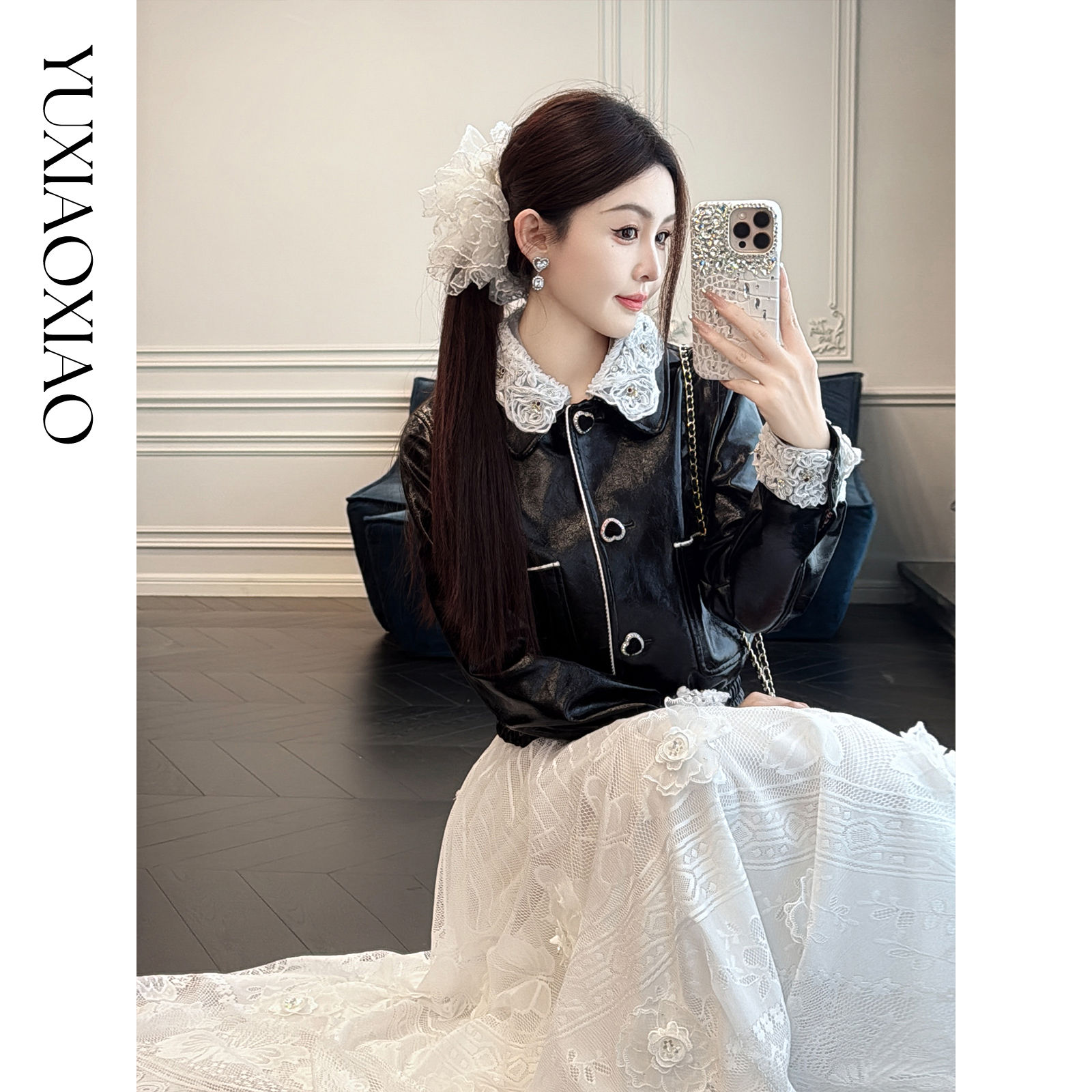 余潇潇【爱丽丝公馆】时髦设计千鸟格纹里布可拆卸钻领收腰皮衣外套