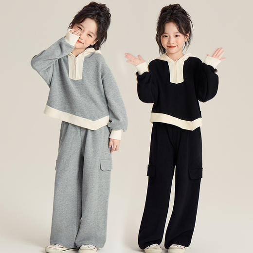 【儿童服饰丨女童春季连帽休闲套装】面料软糯舒适，连帽+撞色拼接设计，层次丰富，衣身纹理清晰，软而不塌，款式休闲简约，出门一套搞定，不用费心搭配 商品图0