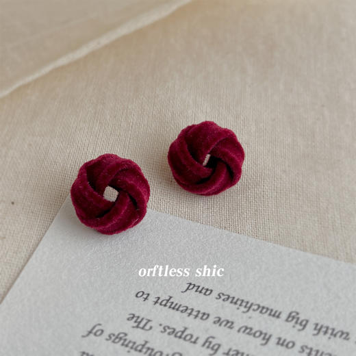 丁摩 植绒酒红色几何镂空时尚高级感银针耳饰耳钉饰品女6ZF-7307 商品图2