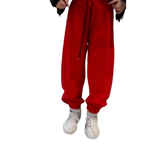 丁摩 卫裤女秋冬加绒束脚松紧腰宽松高腰弯刀裤阔腿裤子红色卫裤6ZF-863 商品图4