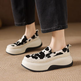 【预售5天】新款真皮厚底马毛拼色乐福鞋女休闲坡跟松糕底圆头懒人单鞋TYMXY&1665