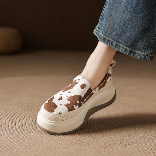 【预售5天】新款真皮厚底马毛拼色乐福鞋女休闲坡跟松糕底圆头懒人单鞋TYMXY&1665 商品图1