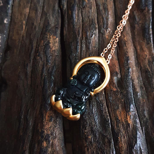 【天然正品】A货翡翠AU750黄金镶天然细腻冰种宝宝佛墨翠吊坠项链19.2*10.0*4.7MM（戒圈可改）链长：45CM（长度可调节）300126NJM04 商品图4