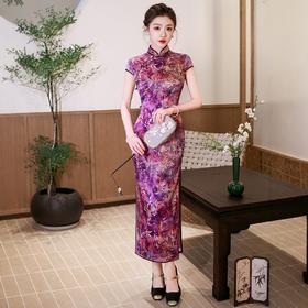WX2026新款真丝旗袍紫色长款改良中式桑蚕丝连衣裙优雅气质修身复古