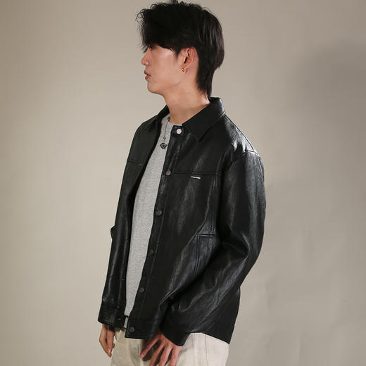 DRONKOO 2026  翻领左金属标口袋双层仿真皮修身中厚皮衣 商品图2