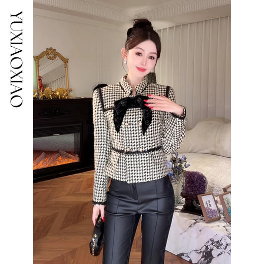 余潇潇【漫感千金】含羊毛经典千鸟格可拆卸蝴蝶结长外套&短外套 商品图3