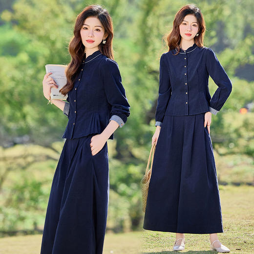 丁摩 小香风气质显瘦花瓣领上衣灯芯绒阔腿裤两件套6ZF-2678 商品图2