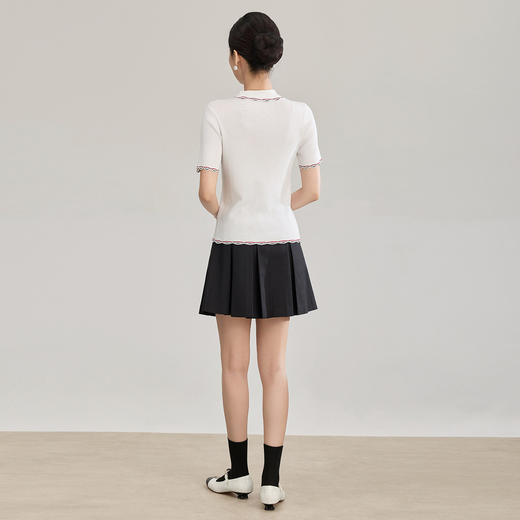 「高货wl」全新升级【铂金会员220/天猫299/差价79】(95949)洛诗琳细坑条羊毛混纺翻领上衣2026春夏知性学院风针织T恤 商品图2