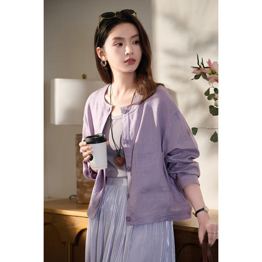 100%亚麻凉感短外套 米思阳2026春季新款天然空调圆领遮阳罩衫女1008 商品图1