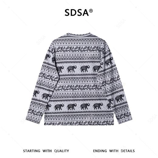 SDSA男装2026新款复古图腾休闲长袖大象满印条纹设计宽松圆领T恤 商品图4