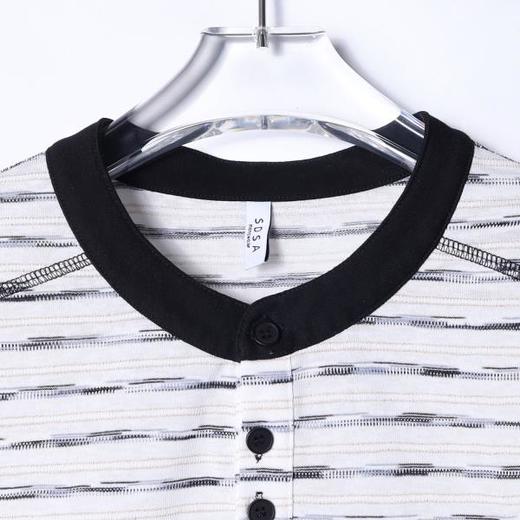 夏季高级感新款男士撞色条纹半纽扣刺绣标短袖T恤时尚圆领上衣潮 商品图1