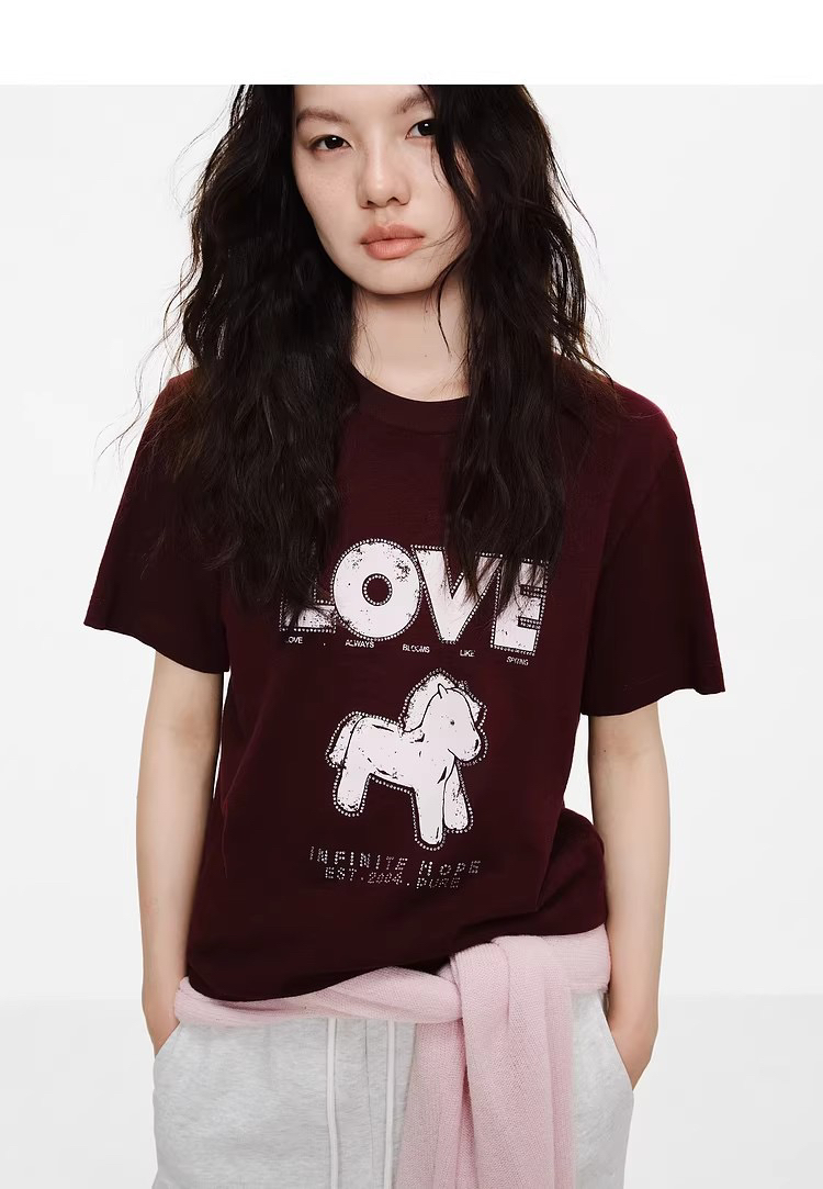 MO*同款26春新品马年系列烫钻印花竹节棉圆领短袖T恤