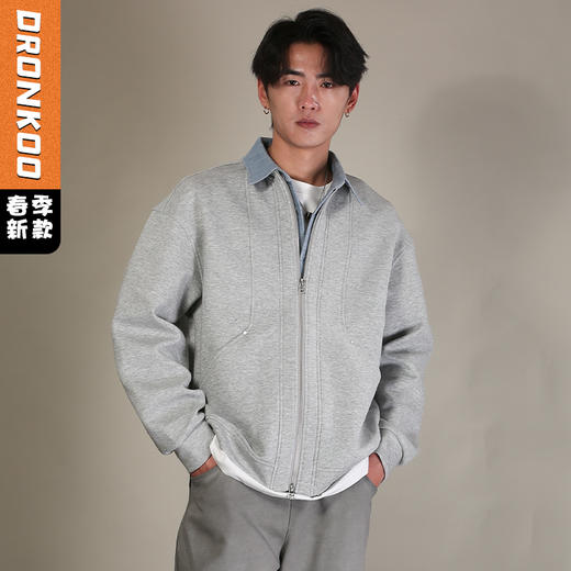 DRONKOO 2026 翻领牛仔色梭织拼针织假两件中厚夹克 商品图0