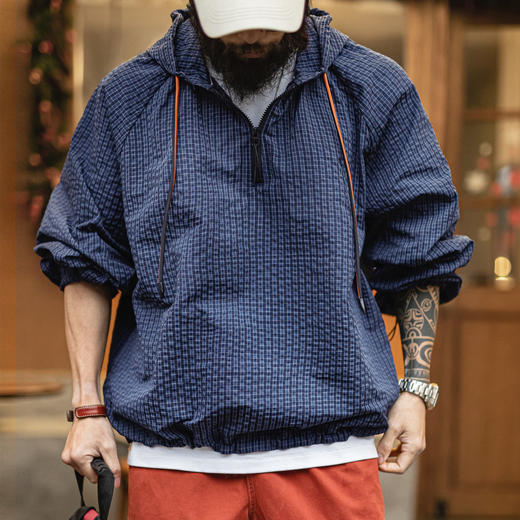 马登工装美式半拉链连帽卫衣肌理感泡泡纱蓝色户外薄款外套男春季 商品图0