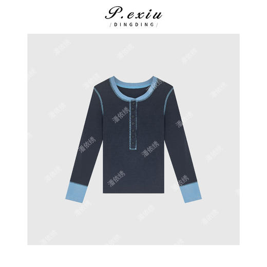 04-6潘依绣丁丁宠粉设计感撞色拼接圆领假两件长袖T恤 M0815 商品图1