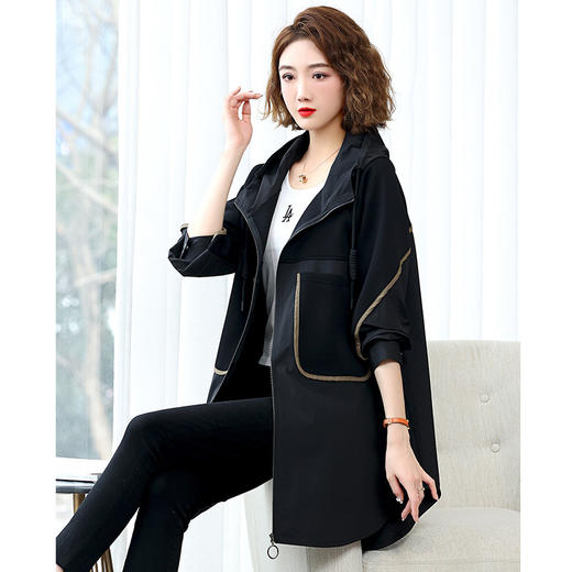 丁摩 黑色风衣女中长款今年流行春秋新款连帽外套新品6ZF-1226 商品图2