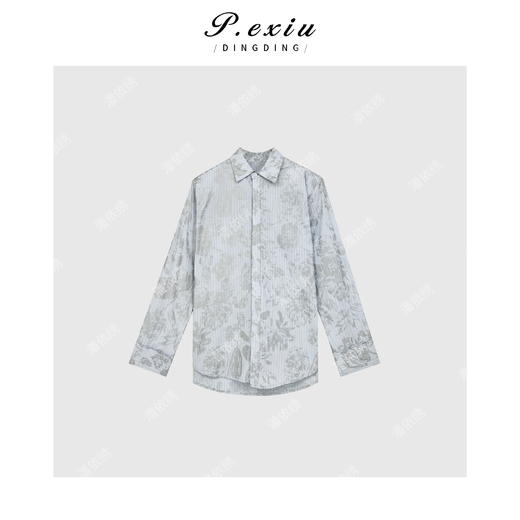 04-6潘依绣丁丁宠粉韩系竖条垫肩烫银花衬衣Q97366 商品图0