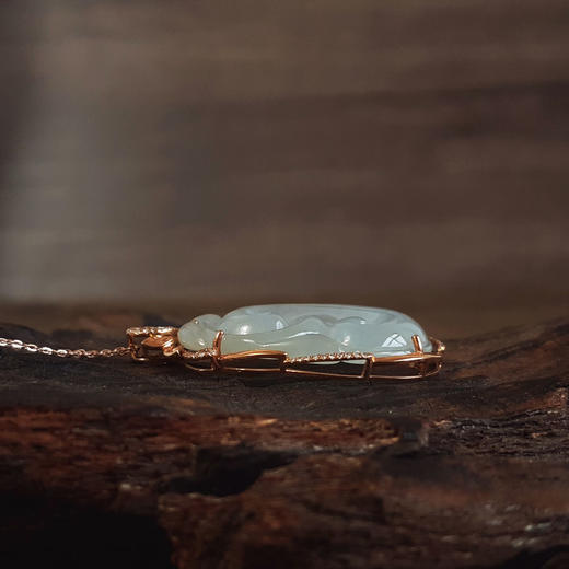 【天然正品】A货翡翠AU750玫瑰金镶钻镶天然细腻冰种如意（万事如意）翡翠吊坠项链40.6*23.6*6.6MM（戒圈可改）281025AH67 商品图7