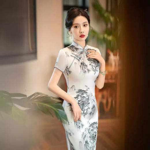 ZAYS2026春季中长款双层丝绸提花旗袍日常复古水墨画气质旗袍 商品图2