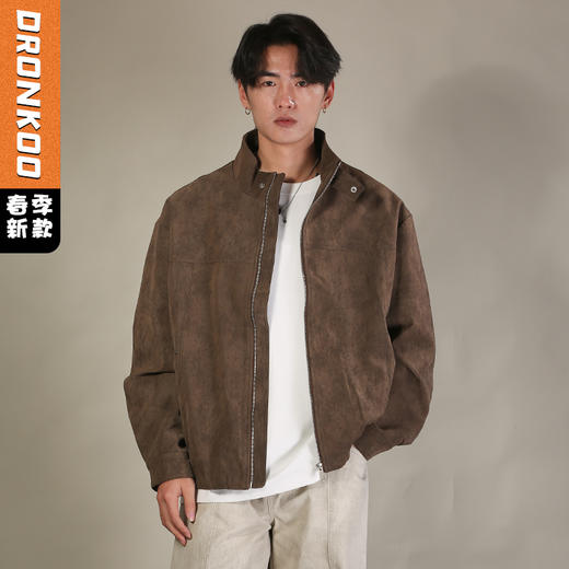 DRONKOO 2026  立领防风扣口袋钉扣扎花皮料中厚皮衣 商品图0