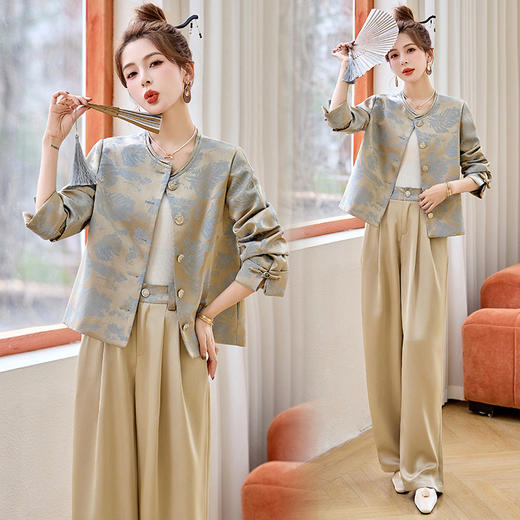 丁摩风气质套装女2026春季新款时尚贵气高腰缎面新中式两件套裤6ZF-6252 商品图1