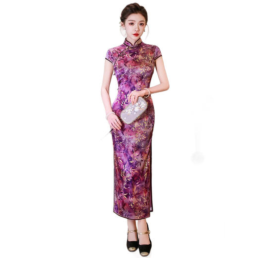WX2026新款真丝旗袍紫色长款改良中式桑蚕丝连衣裙优雅气质修身复古 商品图4