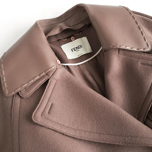 【95新】FENDI芬迪FF8838棕色拼皮革中长款双排扣羊毛大衣外套42码120226JJ03 商品图2