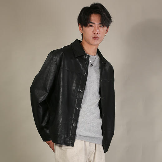 DRONKOO 2026  翻领左金属标口袋双层仿真皮修身中厚皮衣 商品图3