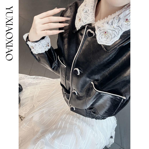 余潇潇【爱丽丝公馆】时髦设计千鸟格纹里布可拆卸钻领收腰皮衣外套 商品图3