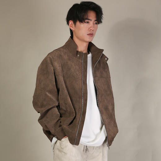 DRONKOO 2026  立领防风扣口袋钉扣扎花皮料中厚皮衣 商品图2