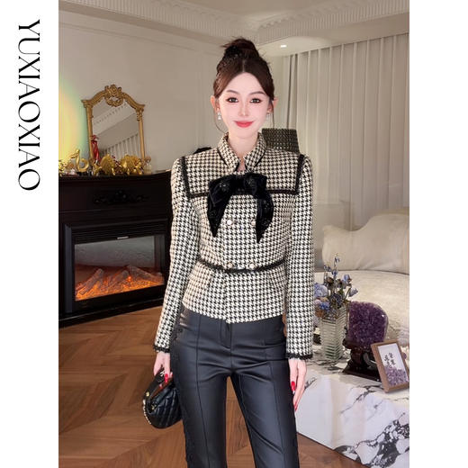 余潇潇【漫感千金】含羊毛经典千鸟格可拆卸蝴蝶结长外套&短外套 商品图0