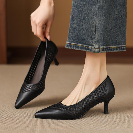【预售5天】单鞋女士浅口巨好看配裙子复古风新款春季尖头高细跟编织镂空AJ&JL-967 商品图2