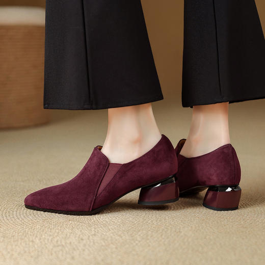 【预售5天】深口单鞋磨砂皮中跟粗跟尖头，软皮高跟鞋秋季加绒真皮裸靴工作鞋KMQ&3236 商品图3