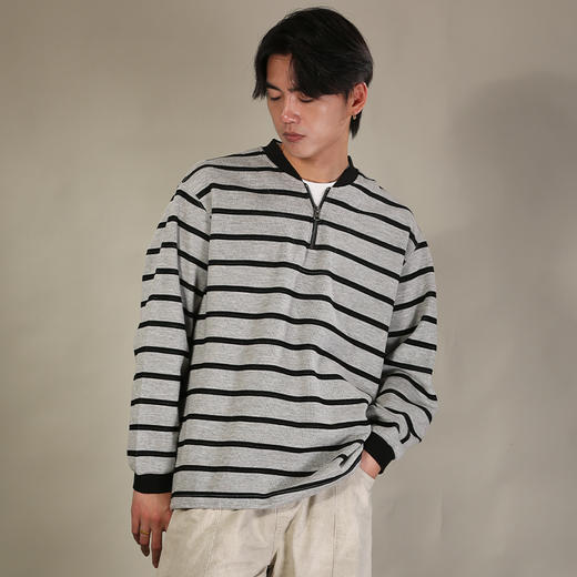 DRONKOO 2026 圆领V领拉链撞T恤宽条纹薄卫衣 商品图2
