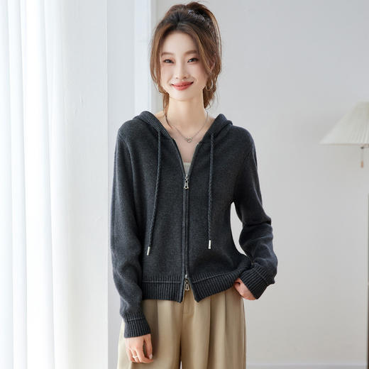 休闲连帽拉链针织开衫，短外套显瘦高级感极简风外搭上衣CC-ML-26065 商品图0