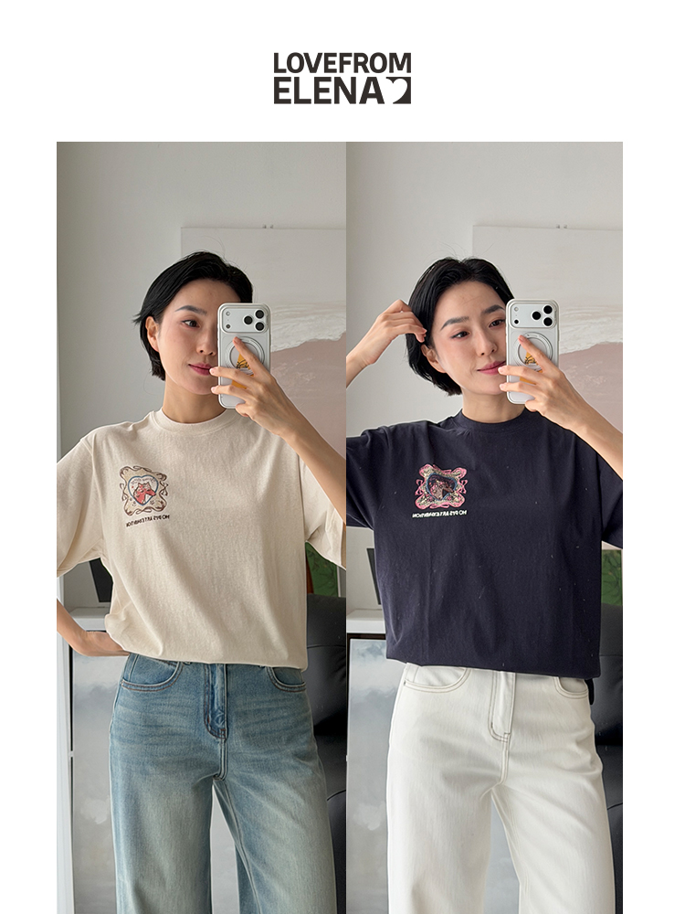 03/04 Elena朴｜早春新款  涂鸦印花刺绣双色短袖T恤TH202