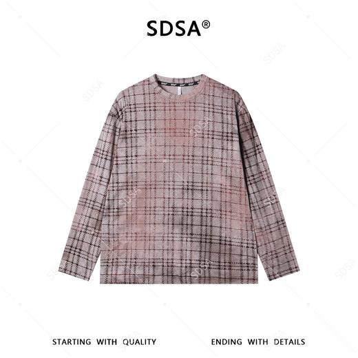 26T86SDSA男装2026新款复古格纹圆领长袖T恤做旧粉棕格纹宽松休闲上衣 商品图1