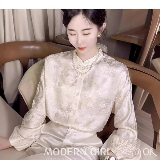 丁摩 提花长袖新中式衬衣上衣女春秋立领复古国风绸缎衬衫6ZF-3368 商品图2